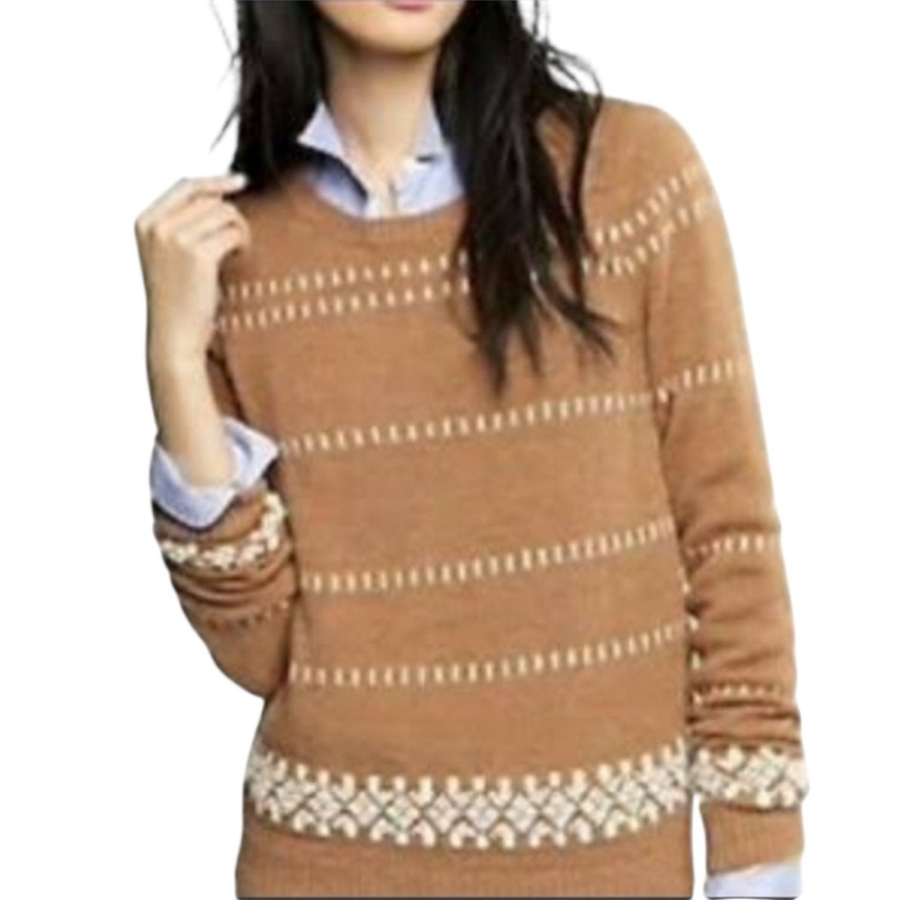 J. Crew NEW Camel and Cream Fair Isle Sweater made with Alpaca, Wool Blend